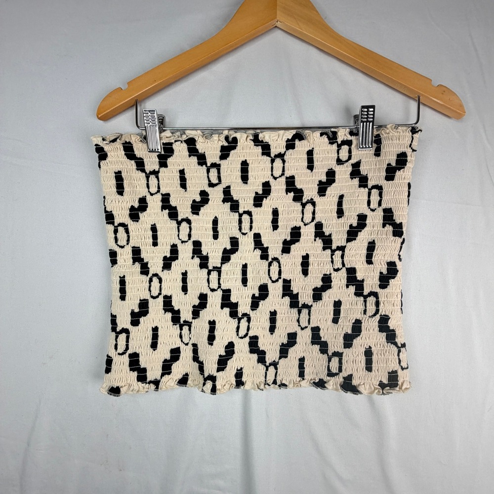 HM Smocked Tube Top XL Cream Black Abstract Strapless Cropped Tank 1791